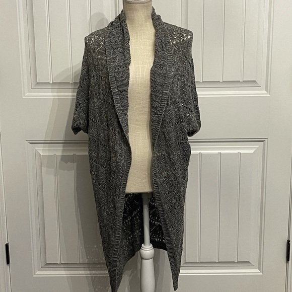True Craft Long Crochet Open Front Duster Sweater in gray; Small - Picture 2 of 14
